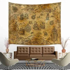Extra Large Tapestry Wall Hanging Medieval Pirate Treasure Map Fabric Art Room - Picture 1 of 7