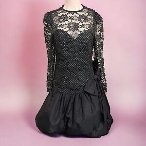 Vintage 80s Zum Zum Lace Dress M Black Bubble Hem Gothic Witchy Prom