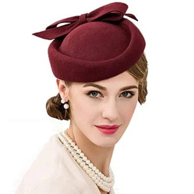 Mujeres Lana Fieltro Pastillero Fedora Sombrero Boda Fiesta del Té Boina Arco Derby Sombreros Rojo Foto 1 de 4