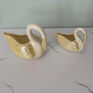 Belleek Ireland Porcelain Pair Of Swan Creamers Sauce Boats Canary Luster Gold - Picture 1 of 15