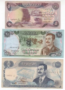 IRAQ, Set of 3 Different, 25, 5, 100 Dinars Banknotes, Saddam Hussain Issues - Picture 1 of 2