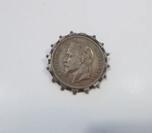 Franco Prussian War Napoleon III Pin -FROM A 5 FRANC COIN 1867 ENCASED IN A PIN - Picture 1 of 4