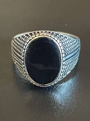 Овальный черный обсидиан драгоценный камень S925 серебро покрытием мужчин женщин кольцо размер 10,5 - Изображение 1 из 4