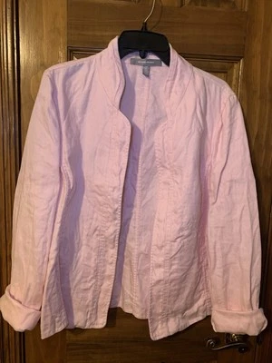 Ellen Tracy Pink 100% Linen Open Front Spring Jacket Blazer Size 10 Classic - Image 1 of 4