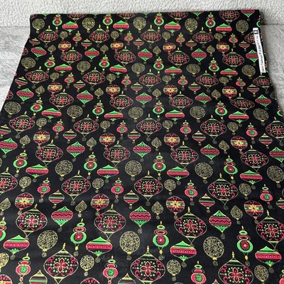 Fabric Traditions Christmas Ornaments Metallic Cotton 3 Yards Black Red Green - Image 1 of 4