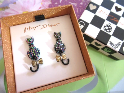 Betsey Johnson Black Cat Stud Earrings AB Crystal  Moving Tail Halloween NIB - Image 1 of 4