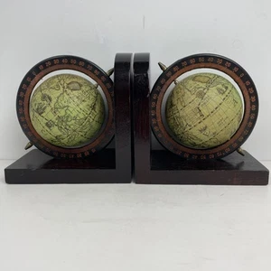Spinning World Globe Bookends Wooden 5.5 x 5.5 x 3 inches Vintage - Picture 1 of 12