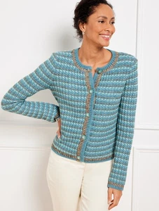 Talbots  Tweed Crew Neck Cardigan Sweater, Teal, Petite Medium, EUC - Picture 1 of 2