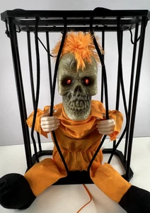 Halloween Animatronic Skeleton Prisoner in Cage Orange & Black Light Up Eyes - Picture 1 of 8