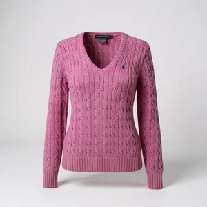 Ralph Lauren Sport Pink Cable Knit Women's L  Cotton V-Neck Sweater - Picture 1 of 5
