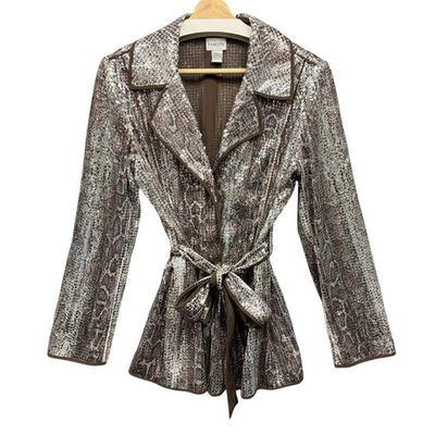 Chico’s Sequin Snakeskin Belted Jacket Silver Brown Ravishing Mesh Blazer Sz 1/M - Image 1 of 4