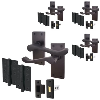 Matt Black Victorian Scroll Door Handle & Latch Set with Hinges 76mm | Pack of 4 - Image 1 of 4