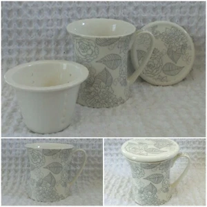 Teavana Linea Poppy Infuser MUG Bone China Tea Infuser Coaster Gray White Flower - Picture 1 of 10