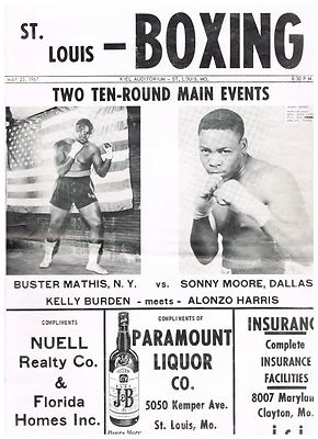 RARE 1967 BUSTER MATHIS vs SONNY MOORE St Louis boxing program Burden Cobbs Ward - Image 1 of 2