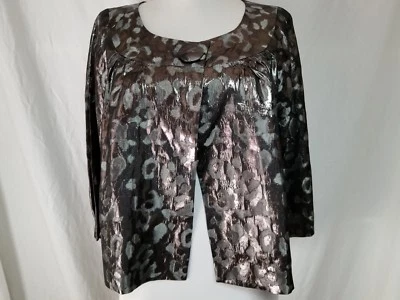 Chaqueta de Cena Tory Burch Talla 6 M Gris Plateado Metálico Estampado Leopardo Topper de Seda Foto 1 de 4