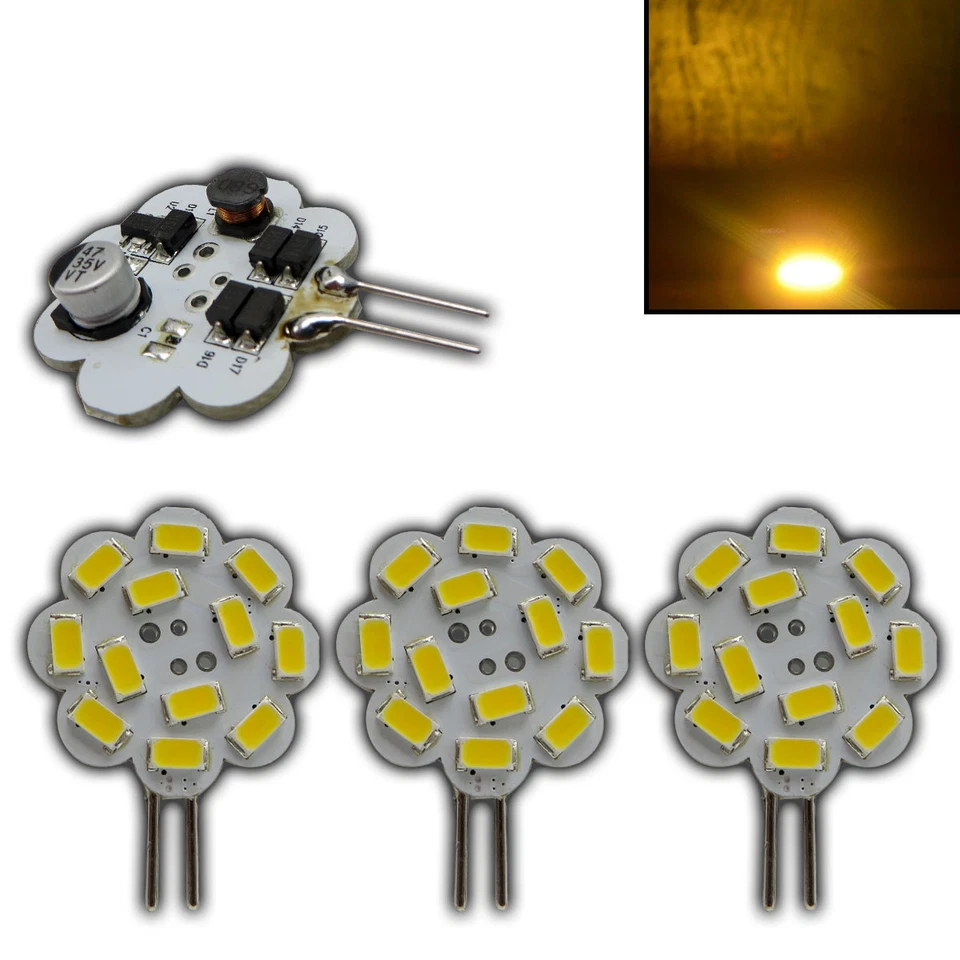 3x G4 LED rund 3,1 Watt dimmbarer 12V AC/DC 12x5730SMD warmweiß 120° Glühbirne - Bild 1 von 4