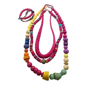 Lote de 3 Collares de Cuentas Planas Rosa Madera Vintage y Una Pulsera Tribal Nigeriana - Imagen 1 de 11
