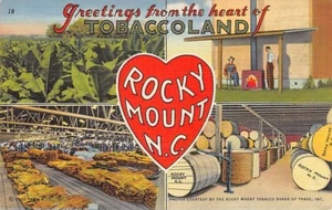 Postal NC: Saludos desde Tobaccoland, Rocky Mount, Carolina del Norte, lino - Imagen 1 de 2