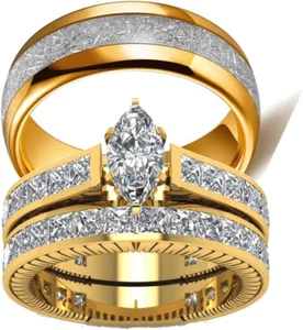 TWO RINGS His Hers s Couples Rings Women'S 10K Yellow Gold Filled White CZ Weddi - Picture 1 of 7