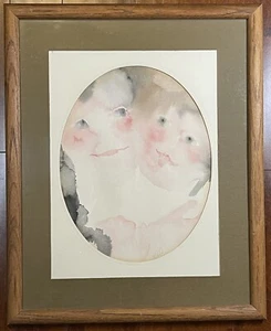 Vintage Watercolor Print Young Children Framed Matted Signed 21.5" x 17.5" - Picture 1 of 20