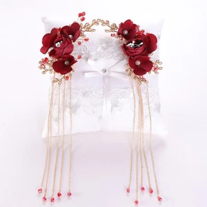 Ein Paar chinesische Braut Hochzeit Haarschmuck Accessoires rote Rose Blume Quaste neu - Bild 1 von 7