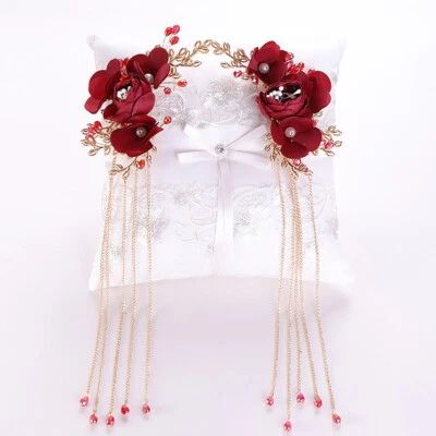 A Pair Chinese Bride Wedding Hair Jewelry Accessories Red Rose Flower Tassel New - Image 1 of 4