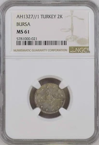 TURKEY - OTTOMAN , 2 KURUSH SULTAN MOHAMED V 1327/1 BURSA (EL ) NGC MS 61 , RARE - Picture 1 of 2