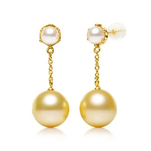 Double White Akoya Pearl&Light Golden South Sea Pearl Earrings 18K Yellow Gold - Picture 1 of 6
