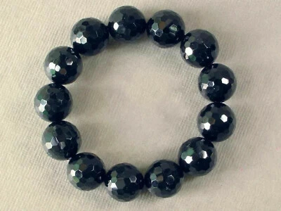 Brazalete elástico de cuentas redondas de piedras preciosas de ágata negra facelet natural de 12 mm 7,5" Foto 1 de 4