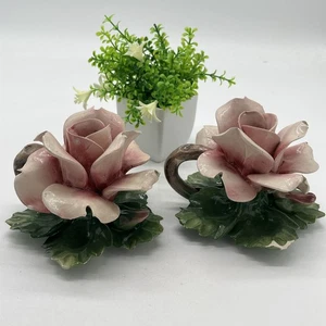 Set 2 Capodimonte Bassano Porcelain Ceramic Pink Rose Candle Holder Italy READ - Picture 1 of 11