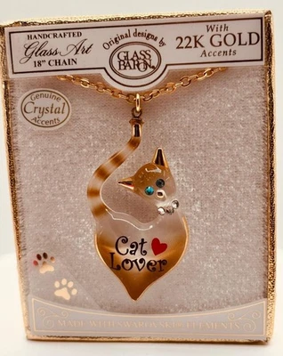 Cat Lover Necklace | Crystal Cat Pendant Gold Accents 18" Chain Gift for Her - Image 1 of 4
