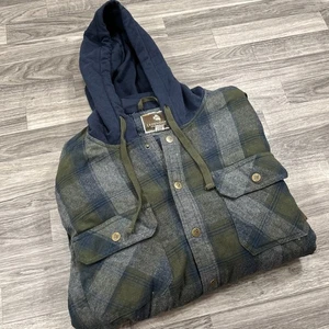 LEGENDARY Drawstring Tie Snap Up Green / Blue Plaid Hooded Jacket Men's Size XL - Picture 1 of 10