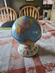 Vtg 60's 70's Ohio Art Tin Litho World Globe Bank Airlines LOGOS Advertising EX - Picture 1 of 6