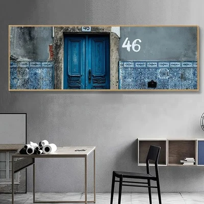 Panoramic Lisbon Portugal Blue Door  Canvas Print Wall Art Home Decor - Image 1 of 4