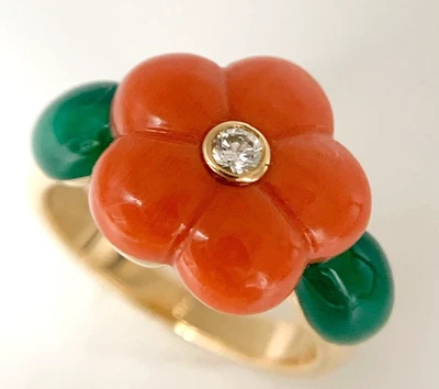Van Cleef & Arpels 18k Yellow Gold Red Coral Diamond Flower Floral Ring Signed - Image 1 of 4