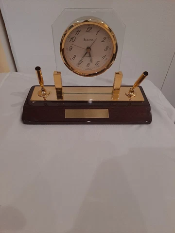 Vintage Bulova Mahogany Gold Filled Clock Pen Desk Set  (Read Flaws) Cover