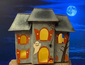 Halloween-Vintage Metal Haunted House Candle Holder-Sparkly Glitter Glaze Finish - Picture 1 of 7