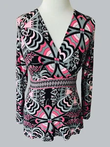 HAROLD'S LADIES VNECK MULTICOLOR ABSTRACT LS FORM FITTING TOP TUNIC EUC XS - Picture 1 of 5