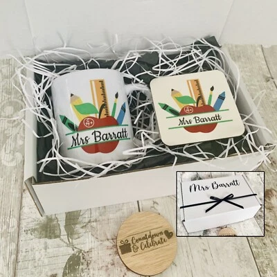 Personalised Teacher Gift, End Of Year Thank You Mug Coaster Set Apple Present - Image 1 of 4