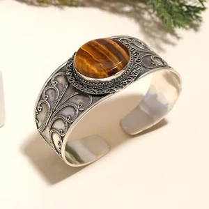 Tiger's Eye Gemstone Bangle Bracelet 925 Sterling Silver Cuff - Picture 1 of 4
