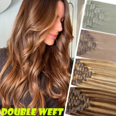 EXTRA THICK 8PCS Double Weft Clip In 100% Remy Human Hair Extensions Full Head - Image 1 of 4