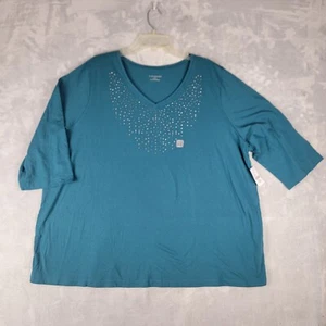 Catherines Shirt Womens 2X Vee Neck Green 3/4 Long Sleeve New - Picture 1 of 12