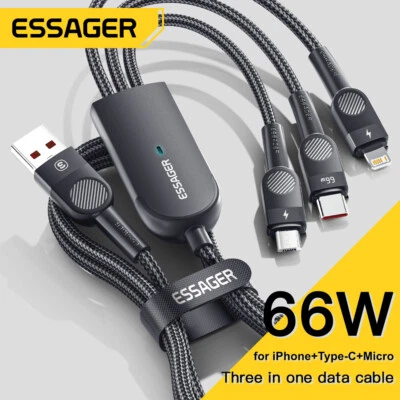 Essager 3 in 1 Multi USB Charger Cable for iPhone USB C Micro 66W 6A Charging - Image 1 of 4