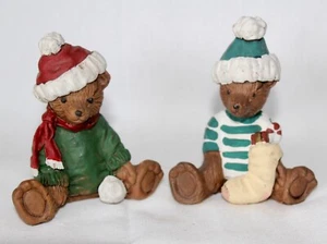 Vintage Hand Painted Christmas Teddy Bear set of 2 Figurines 2” Resin Twins - Picture 1 of 4