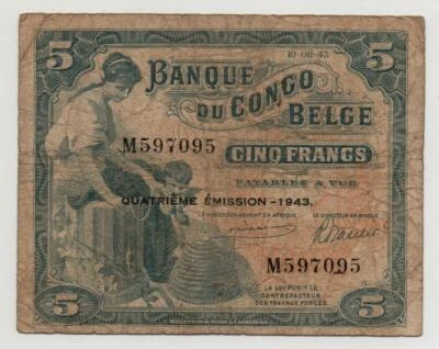 BELGIUM CONGO 5 FRANCS 1943 PICK 13 A LOOK SCANS - Image 1 of 2