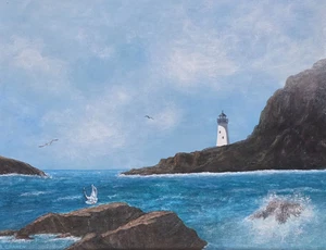Original & signiert Betsy Crahen - Leuchtturm - malerisches Meer Meer Landschaft Gemälde - Bild 1 von 7
