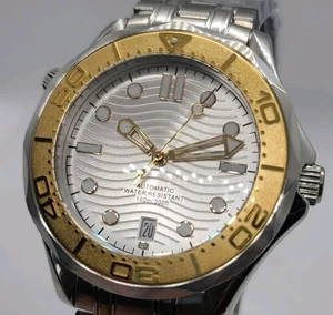 Custom 42mm Silver Wave Dial Gold Stainless Automatic NH35 Dive Watch - Picture 1 of 4