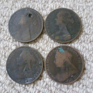Job Lot 4x Queen Victoria 1d One Penny Coins 1866 1874 1896 1900 LOOK! - Picture 1 of 2