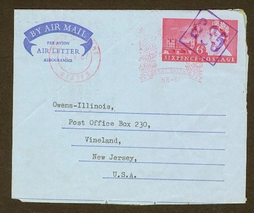 GREAT BRITAIN 1967 6D AIR LETTER "685" NUMERAL BOXED CANCEL TO USA - Image 1 of 1