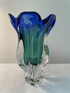 Vintage Royal Gallery MCM Blue & Green Art Glass Vase Poland 1999 10”H - Picture 1 of 11